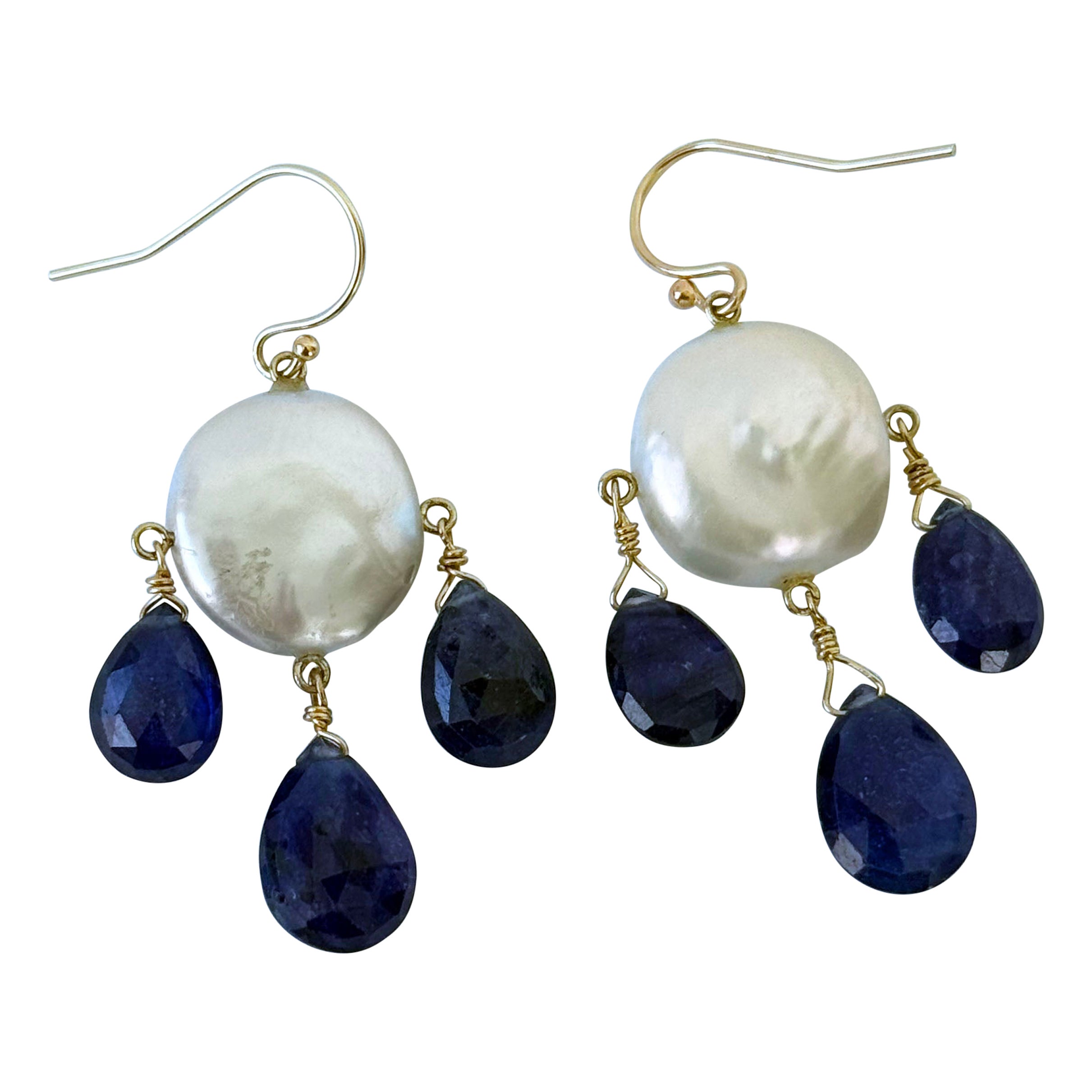 Marina J. Blaue Kyanit- und Perlen-Kronleuchter-Ohrringe mit massivem 14k Gelbgold