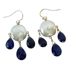 Marina J. Blue Kyanite & Pearl Chandelier Earrings with Solid 14k Yellow Gold