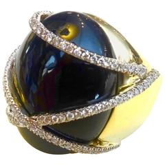 Michael Kneebone Black Spinel White Diamond Yellow Gold Strap Dome Ring