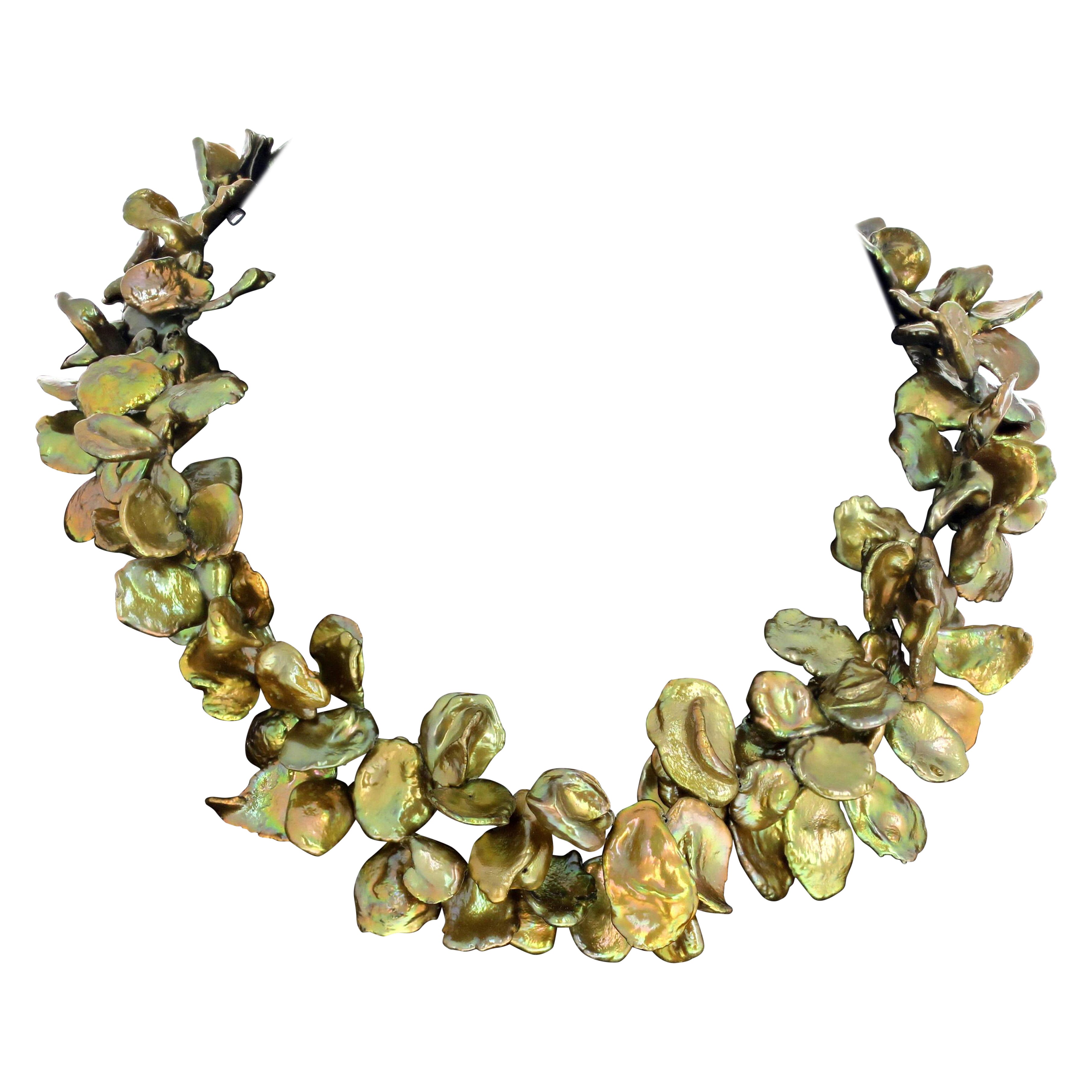 AJD Fascinating Double Strand Real Green Keshi Pearl Shells 16" Necklace