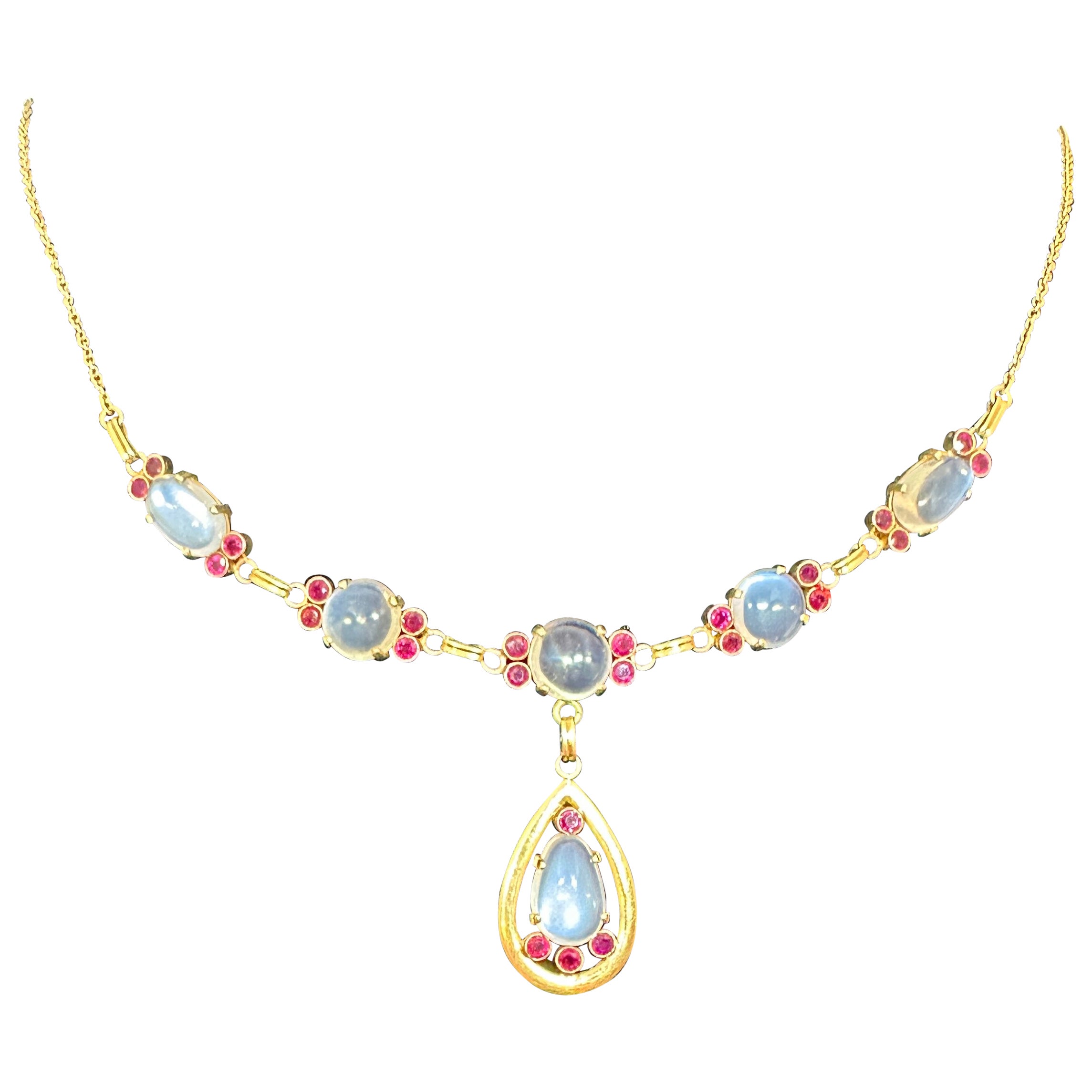 Victorian Moonstone Ruby Necklace Antique 14 Karat Gold Museum Quality Necklace