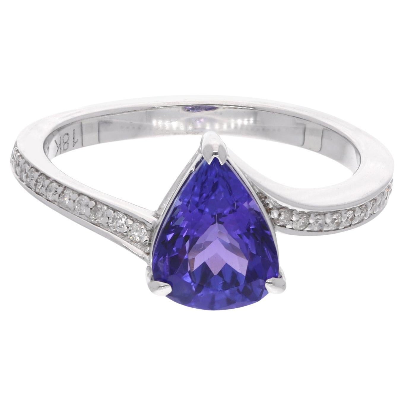 1.78 Carat Pear Shape Tanzanite Ring 0.10 Ct Pave Diamond 18 Karat White Gold