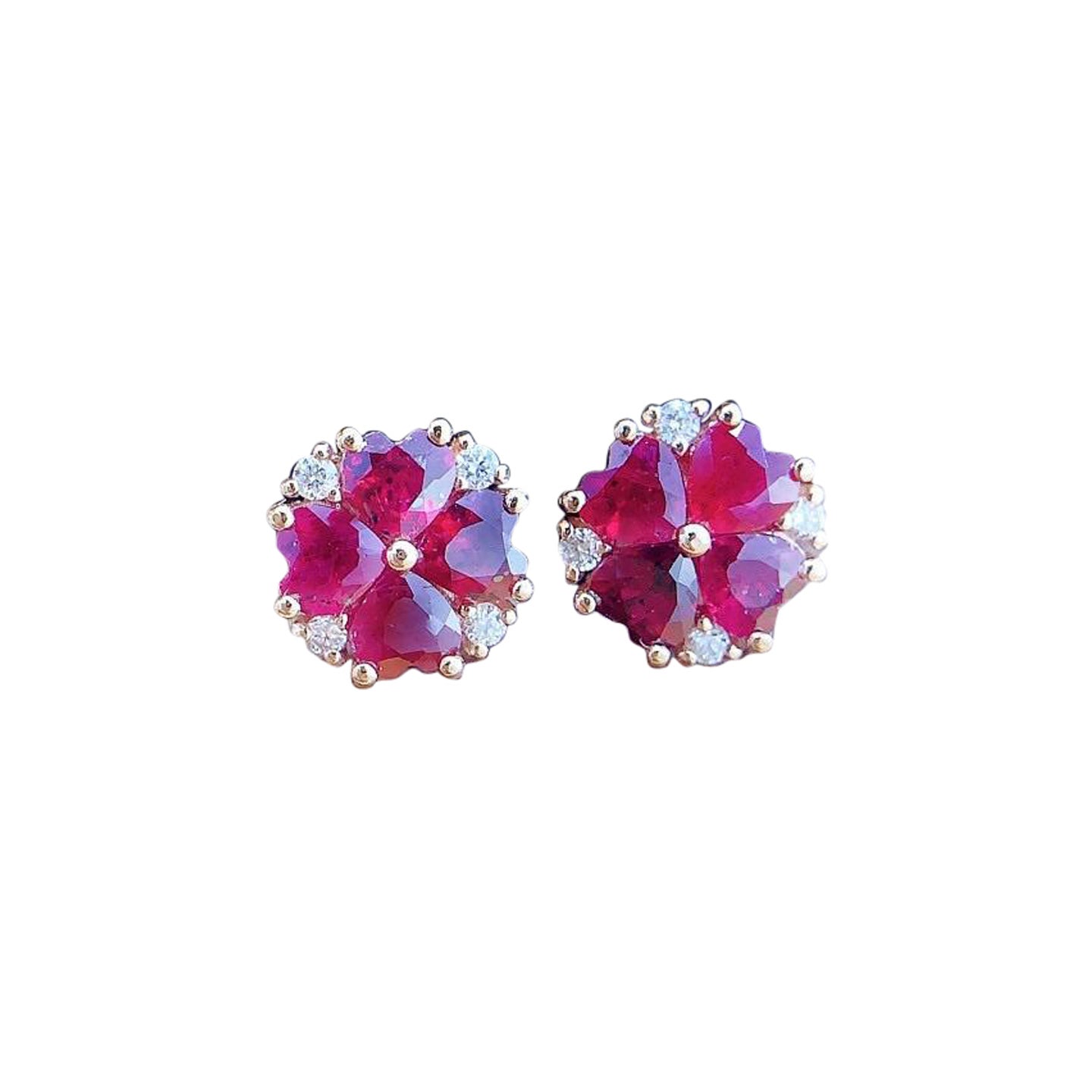 18K Gold Heart-Shaped Clover Stud Earrings with Natural Diamonds & Ruby