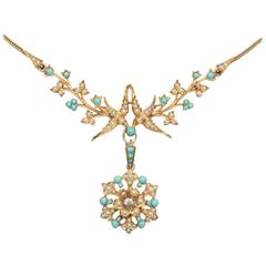 Victorian Turquoise, Seed Pearl and Diamond Lovebirds Necklace