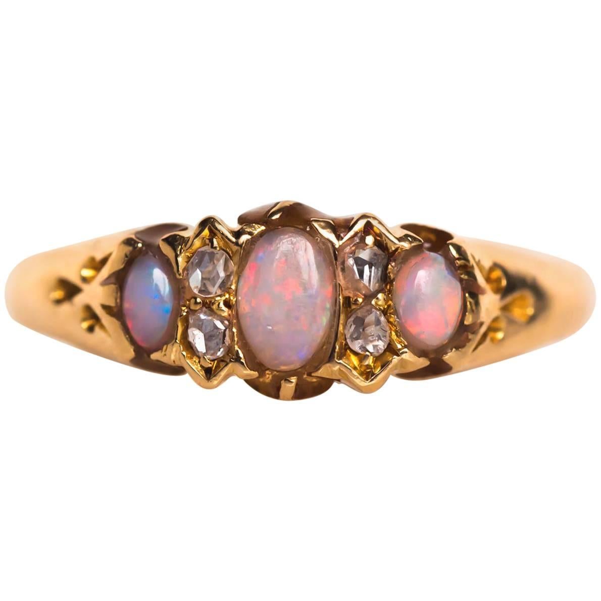 1890s Victorian Yellow Gold Opal Diamond Wedding Band Ring