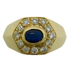 Rare Vintage Cartier Sapphire Diamond Mimi 18k Gold Hexagonal Signet Style Ring