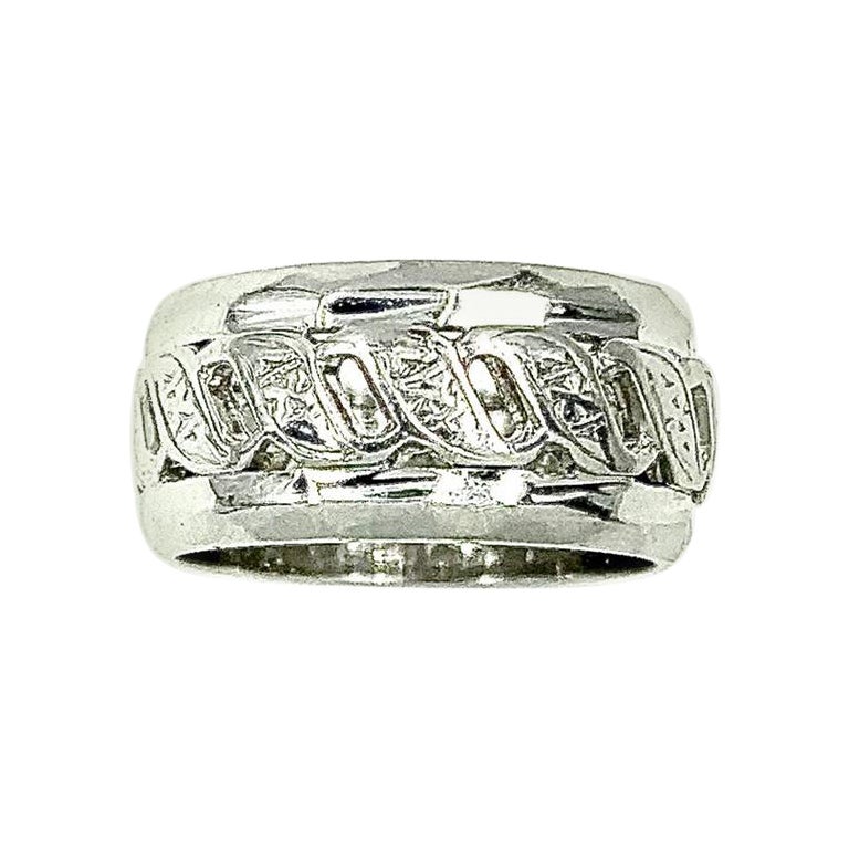 Romantic Reticulated Antique 14K White Gold Wide Band Ring