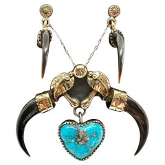 Vintage Michael Horse Turquoise Heart Claw 14 Karat Gold Pendant Necklace And Earrings