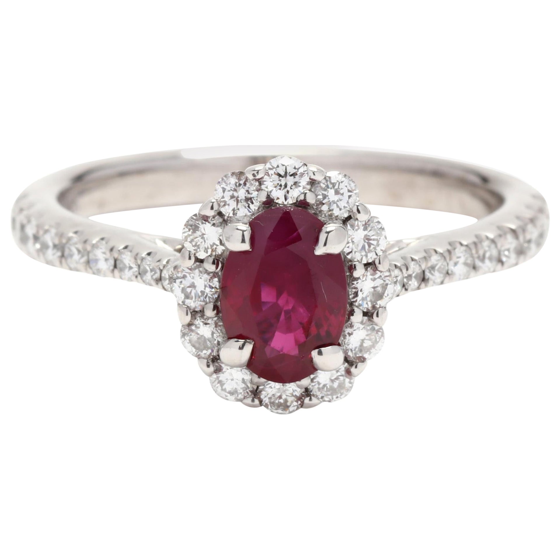 Anillo de compromiso con halo de diamantes rubí natural, oro blanco de 14 quilates, Anillo