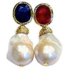 Bochic “Orient” Ruby, Sapphire & Pearl Earrings set In 18K Yellow Gold & Silver