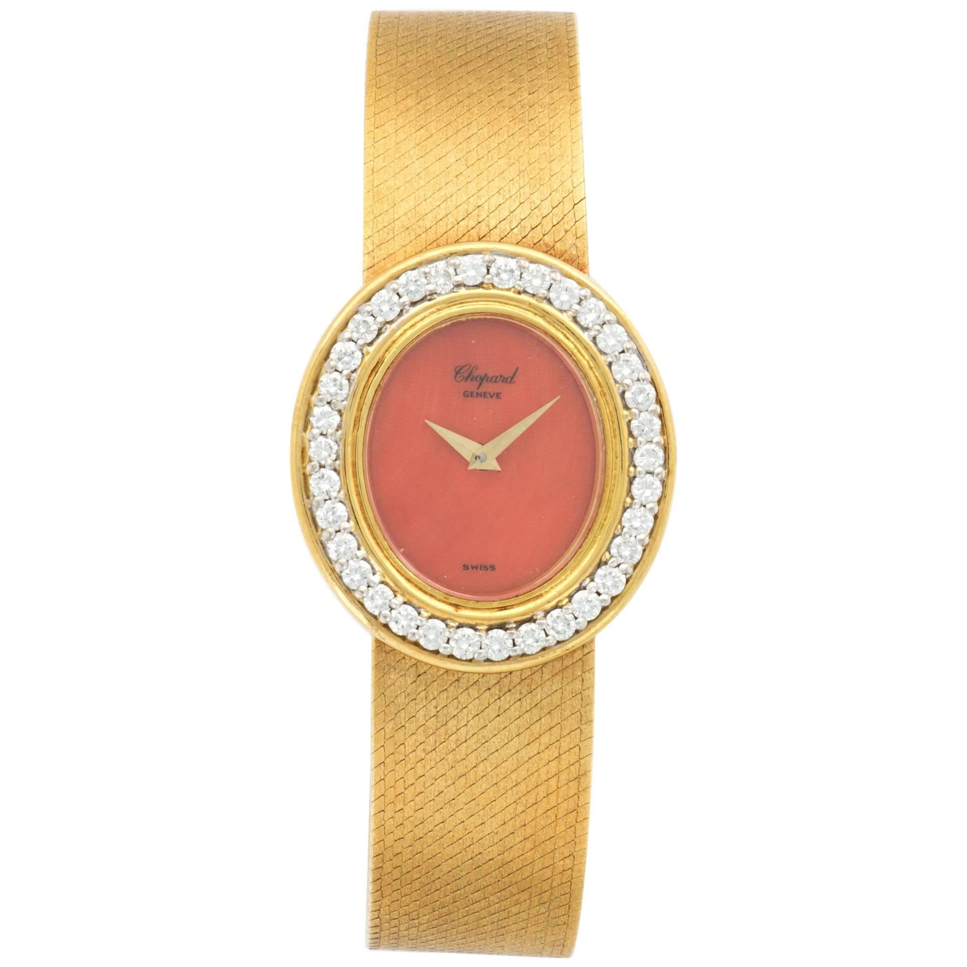 Chopard Ladies Yellow Gold Diamond Coral Bracelet Manual Wind Wristwatch