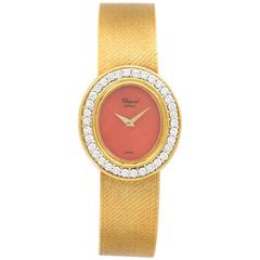 Chopard Ladies Yellow Gold Diamond Coral Bracelet Manual Wind Wristwatch 