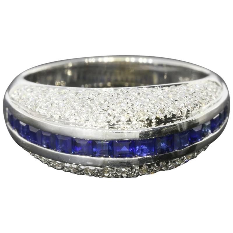 White Gold Sapphire and Diamond Unique Domed Band Ring For Sale