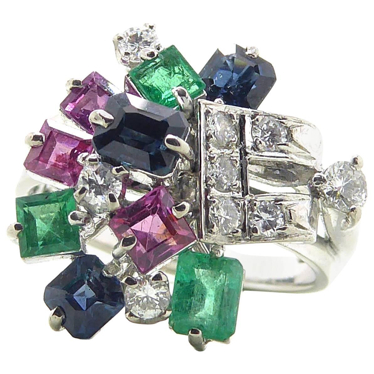 1970s Multistone Diamond Sapphire Ruby Cocktail Ring
