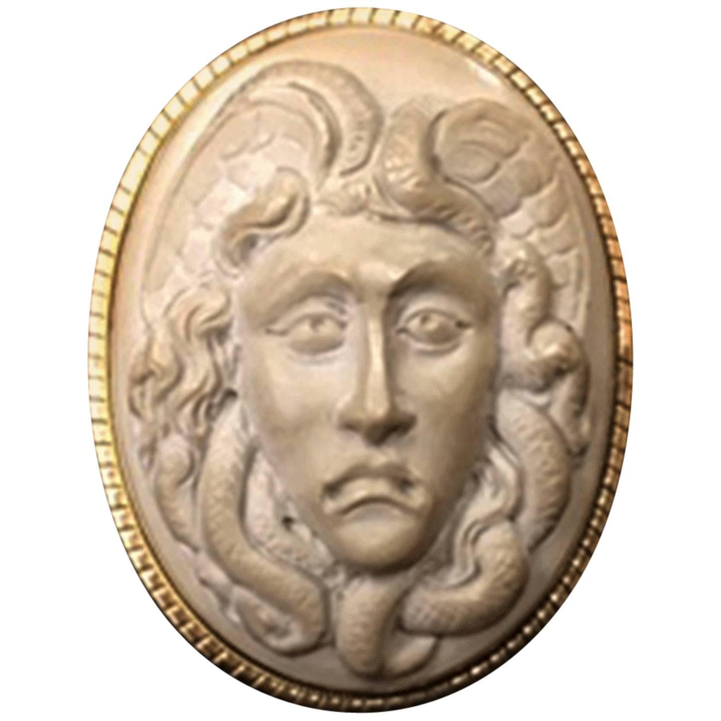 Antique Carved Lava Cameo of Medusa Gold Pin Brooch Pendant