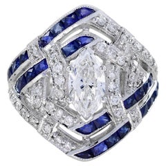 GIA 1 Karat Marquise Diamant Blauer Saphir Art Deco Stil Verlobungsring 18K Gold
