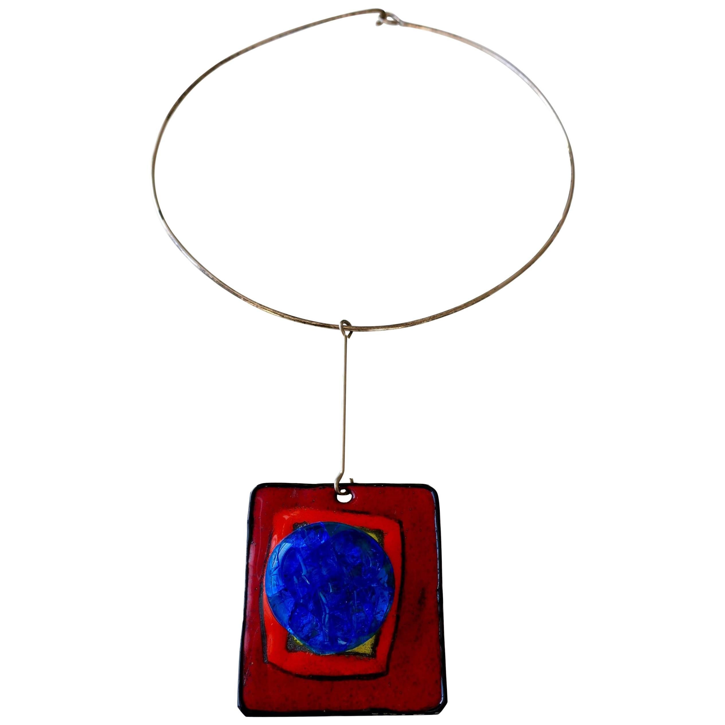 Pierre Cardin Silver Enamel and Glass Pendant Necklace, French, circa 1965 For Sale