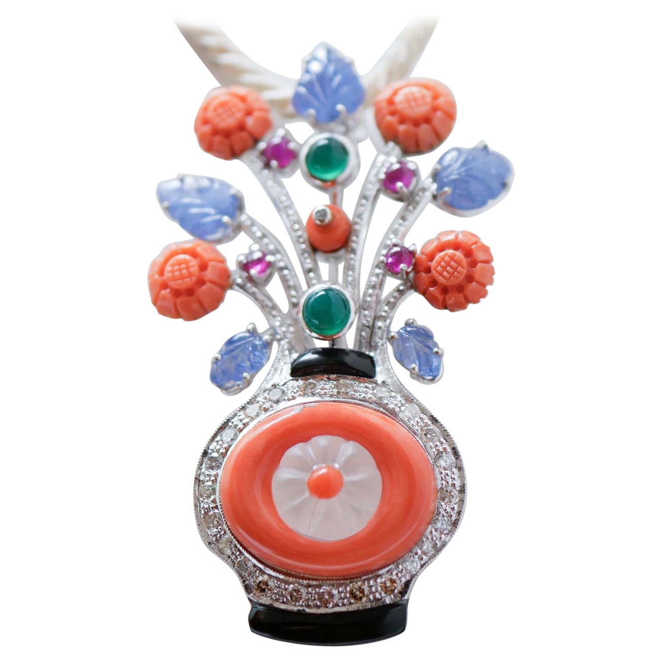Coral, Rock Crystal, Diamonds, Onyx, Rubies, Sapphires, Agate, Platinum Brooch.