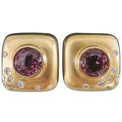 Angela Cummings Pink Tourmaline Diamond Brushed Gold Square Earrings 5