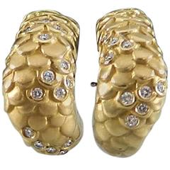 Angela Cummings 1986 Pave Diamond and Matte Gold Snake Half Hoop Earrings