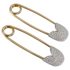 Pair of Pave Diamond Gold Safety Pin Brooches