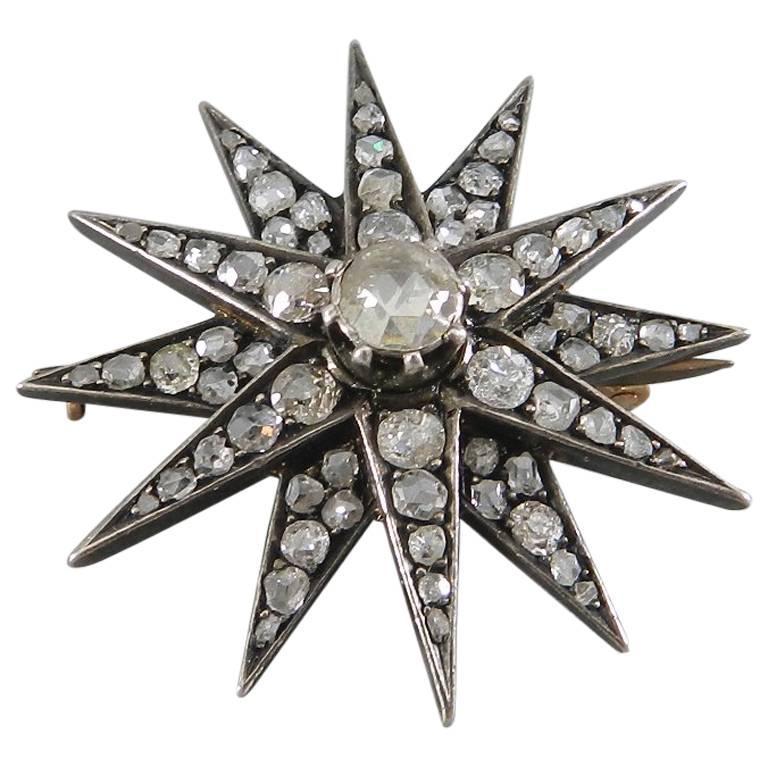 Antique Victorian Rose Cut Diamond and Gold Star Brooch Pin at 1stDibs