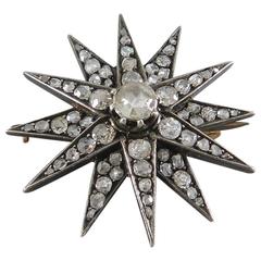 Antique Victorian Rose Cut Diamond and Gold Star Brooch Pin
