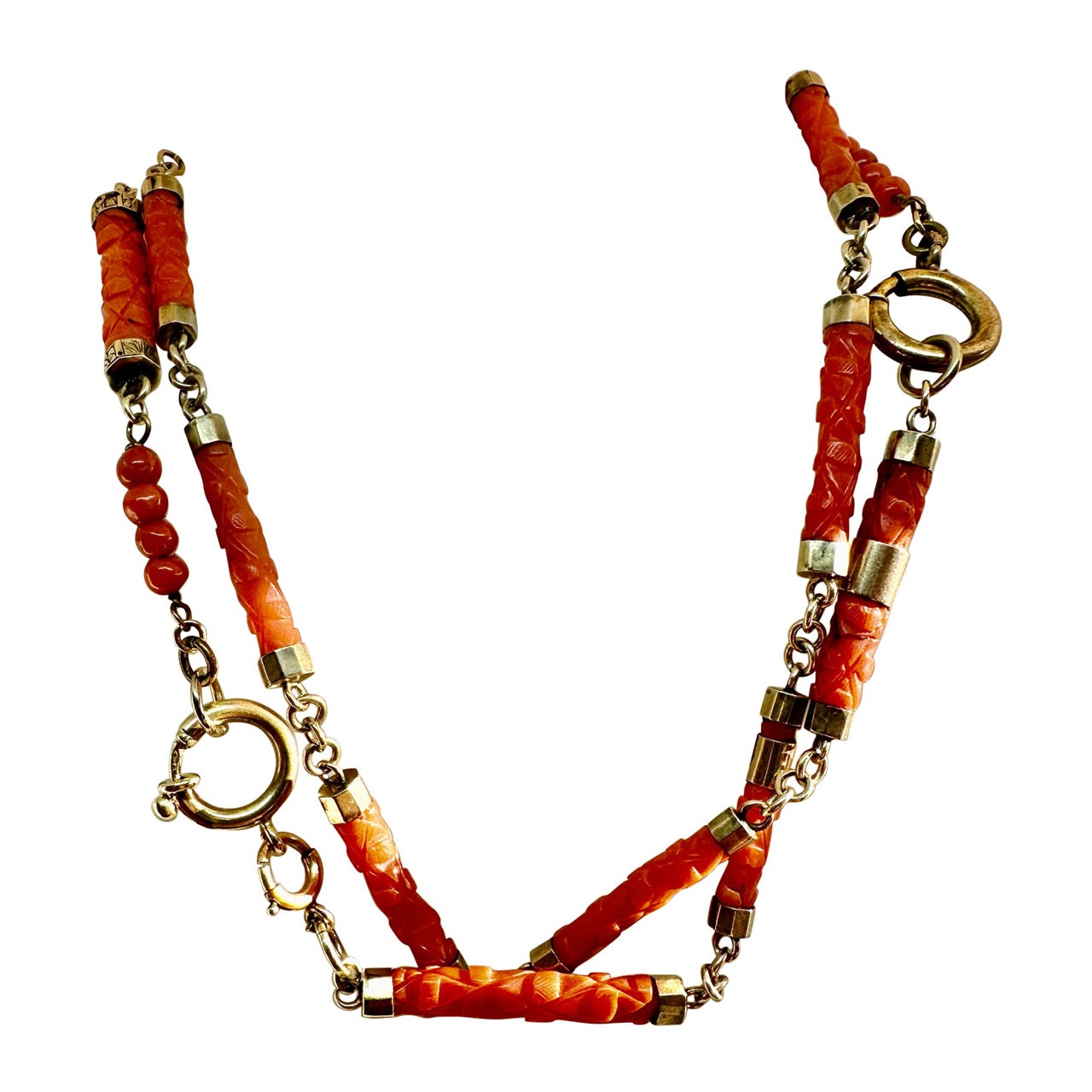 Victorian Coral Flower Necklace Antique Gold 24 Inch Hand Carved Coral Jump Ring