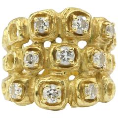 Modernist Italian Diamond Gold Honeycomb Ring, circa 1970