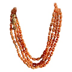 Art Deco Coral Rock Crystal Necklace 50 Inches 14 Karat Gold Antique Rondelles