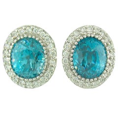 Natural Blue Zircon and Diamond Stud Earrings