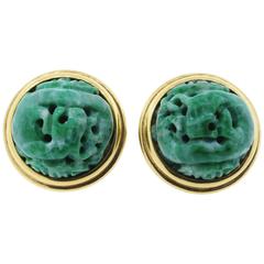 Vintage Large Carved Jade Coiled Dragon Earrings