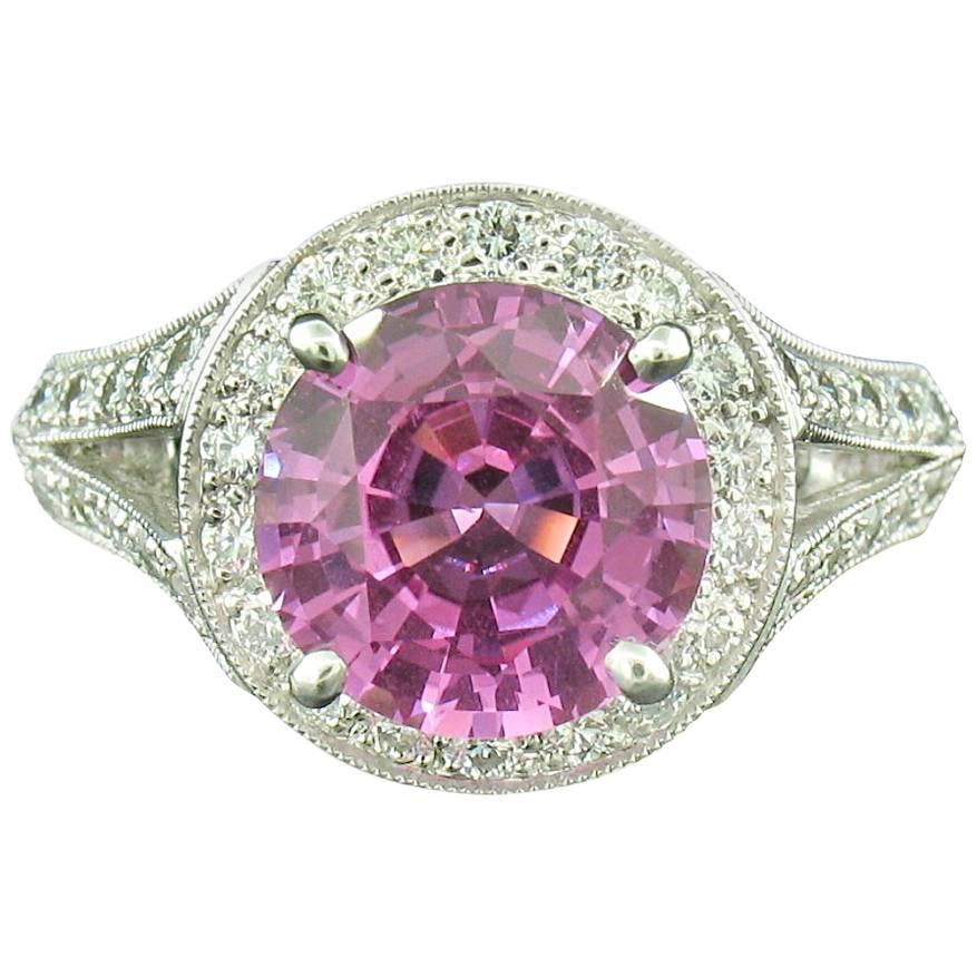 Pink Sapphire and Diamond Ring in Platinum For Sale