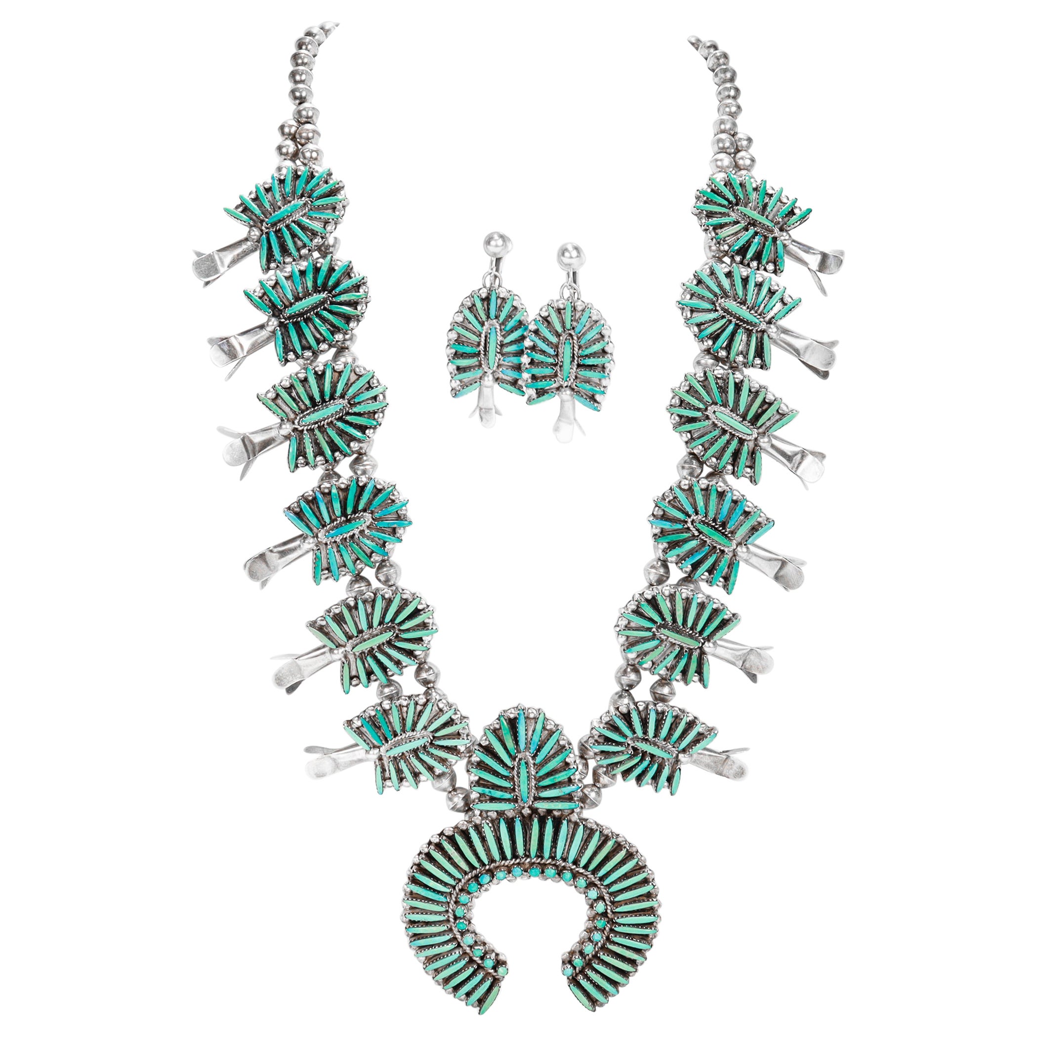 Jane L. Peynetsa Zuni Needlepoint Squash Blossom Necklace & Earring Demi-Parure