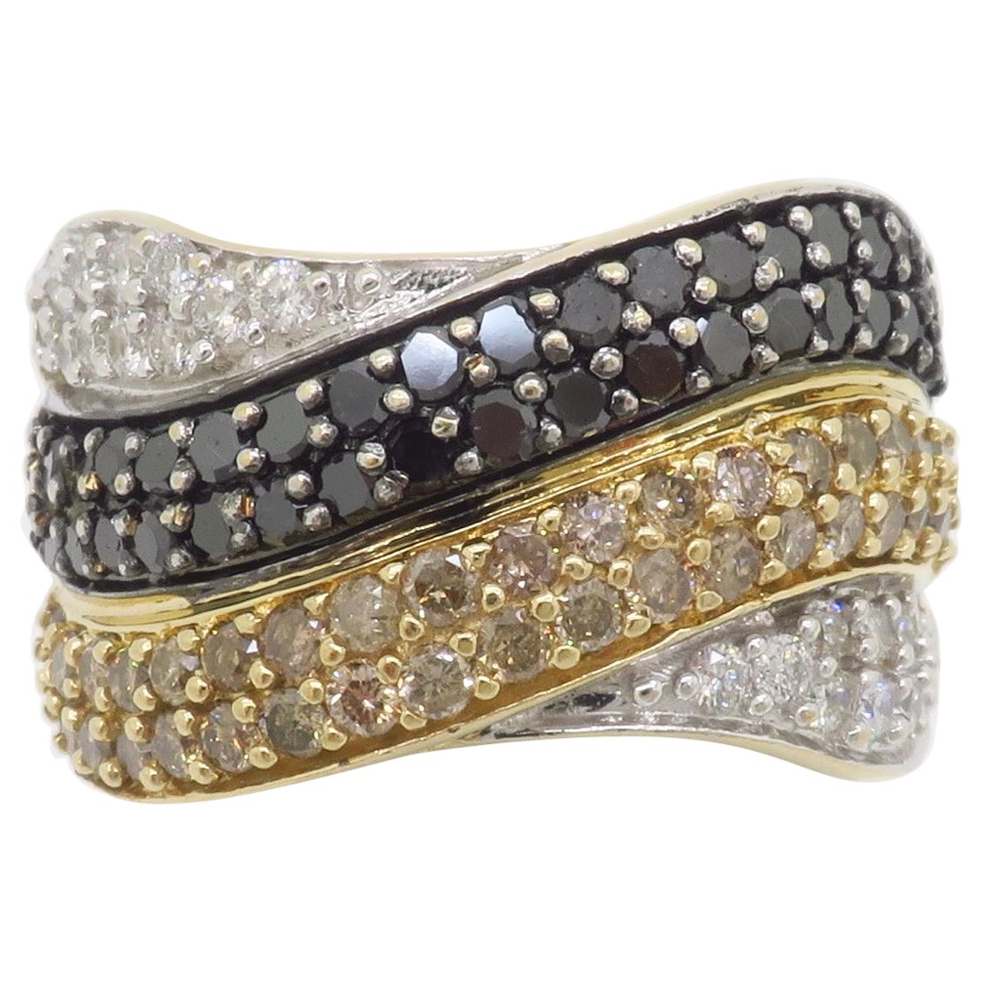 Black, White, & Yellow Diamond Crossover Ring For Sale