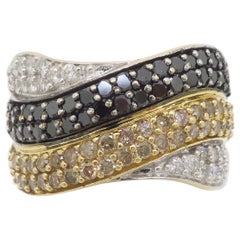 Crossover-Ring mit schwarzem, weißem, weißem und gelbem Diamant