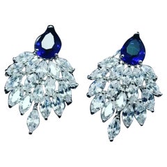 5.24 Cts Natural Sapphires 3.69 Cts Marquise Shape Diamonds 14K Gold Earrings