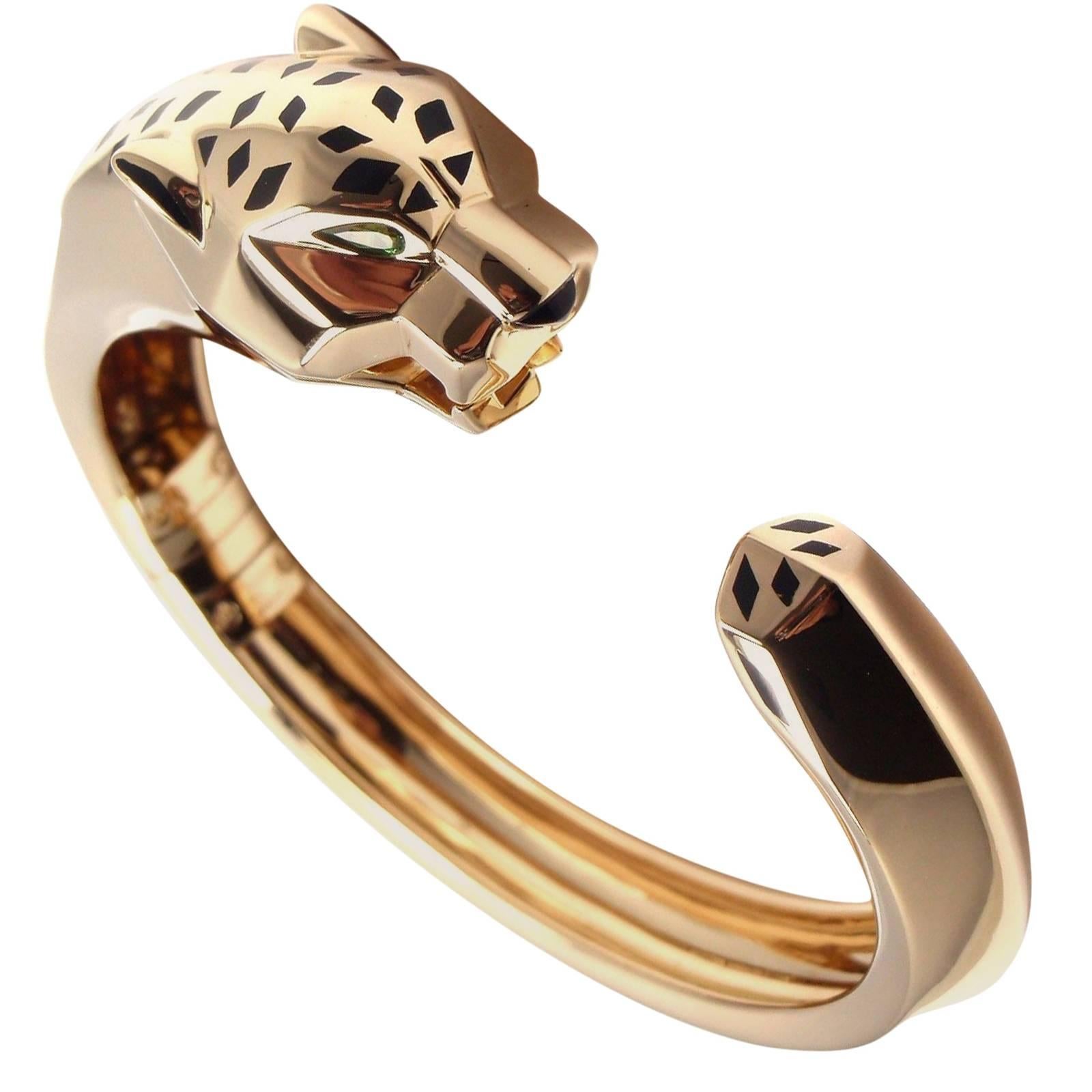 Cartier Panther Panthere Tavorite Onyx Yellow Gold Large Size Bangle Bracelet