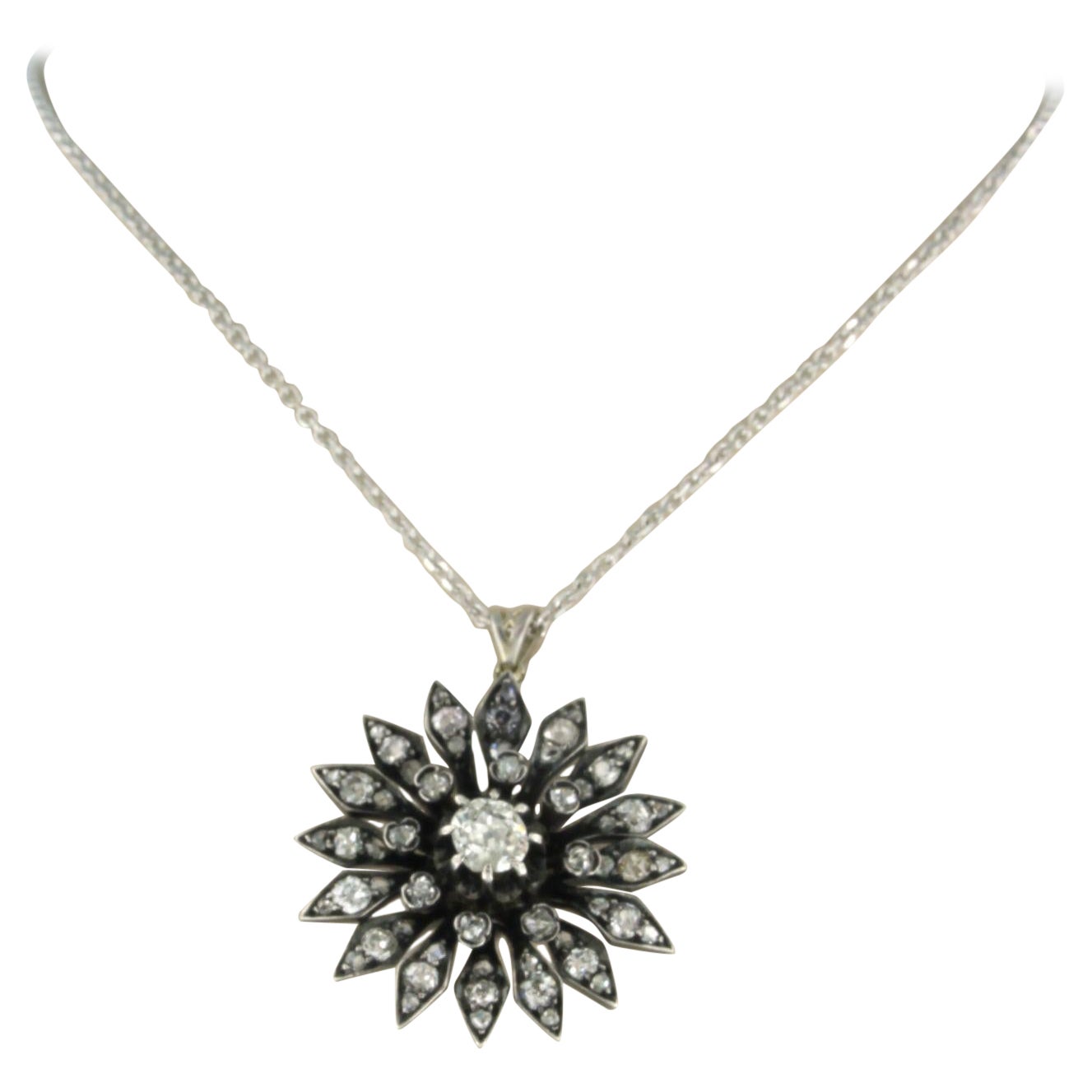 Necklace and pendant wit old mine and rose cut diamonds up to 1.50ct 14k gold For Sale
