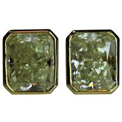 18 Karat Fancy Light Yellow Radiant Cut Diamond Bezel Set Studs 4