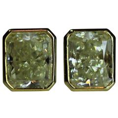 18 Karat Fancy Light Yellow Radiant Cut Diamond Bezel Set Studs