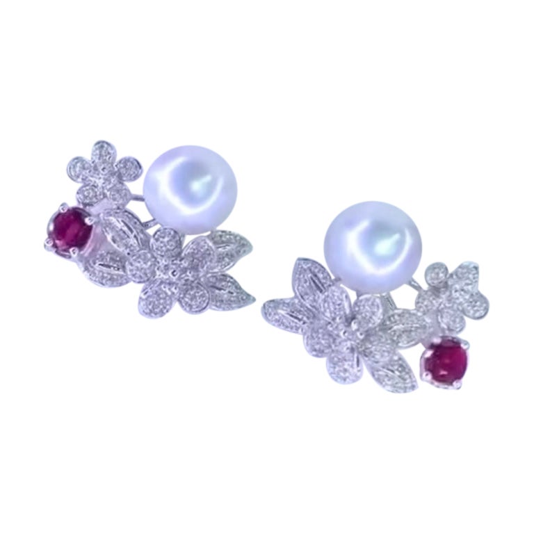 GIT Certified South Sea Pearls Diamonds Rubies 18K Gold Earrings