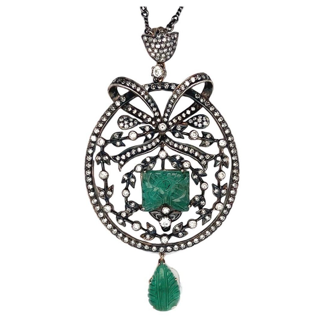 Carved Emerald and Diamond Pendant Necklace