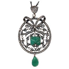 Carved Emerald and Diamond Pendant Necklace
