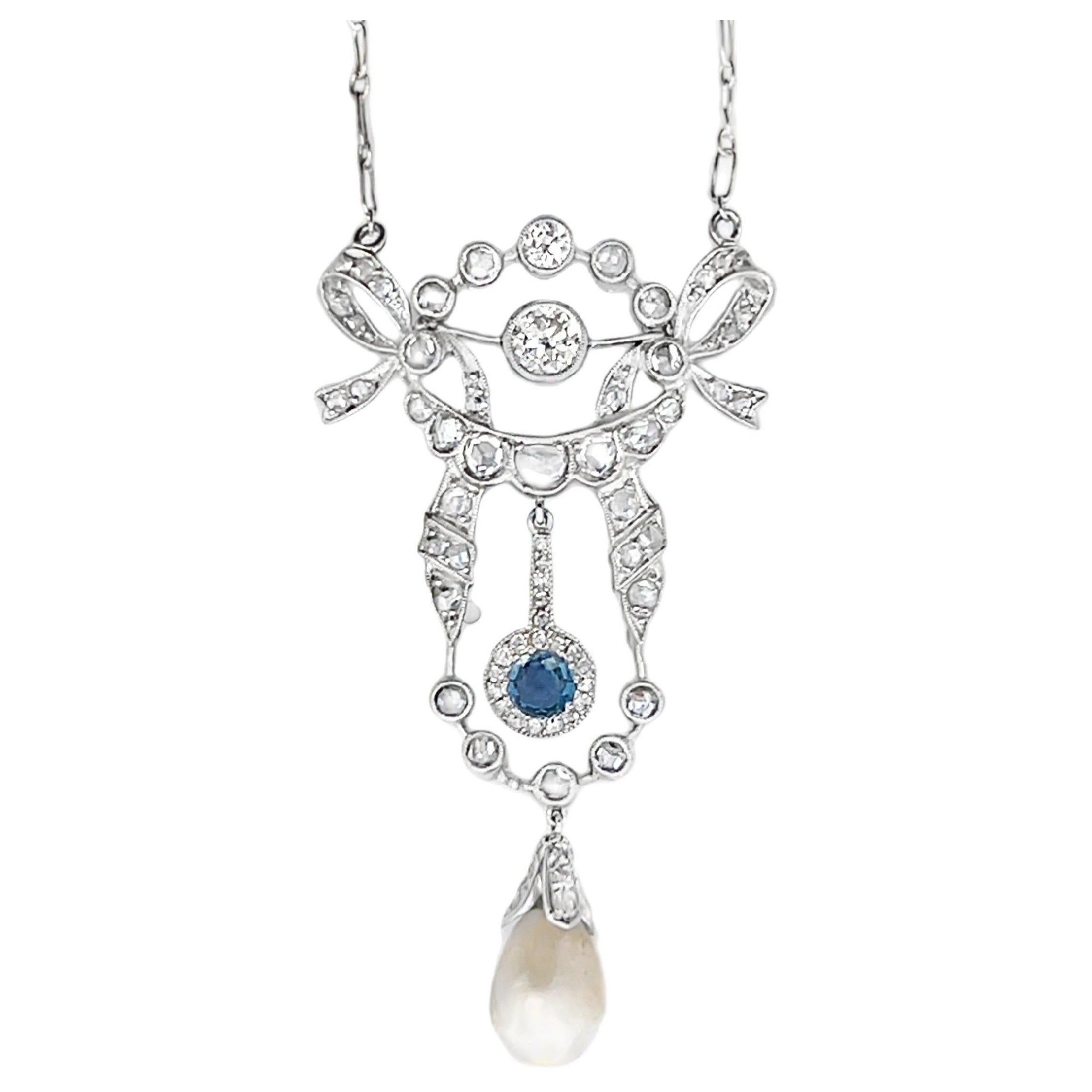 Sapphire Pearl and Diamond Pendant Necklace