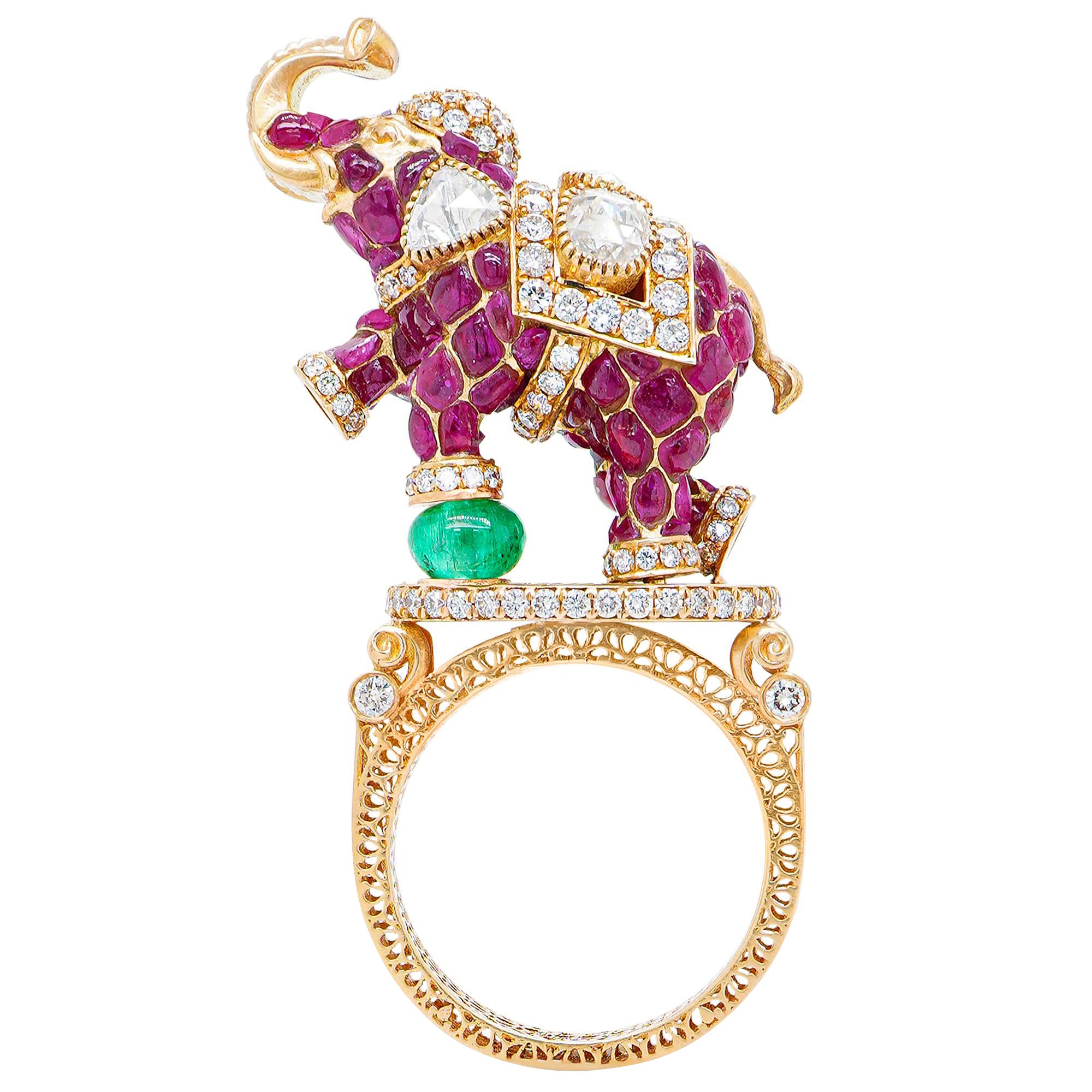 4.45 Carat Ruby ''Dancing Elephant'' 2.24 Carat Diamond 18K RIng