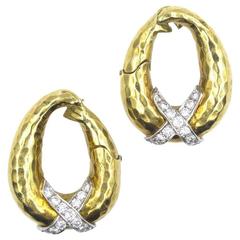 Hammered Yellow Gold Diamond X Oval Earrings