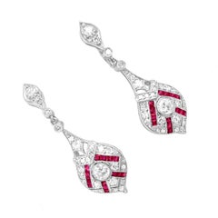 Pendientes Lágrima Diamantes Brillantes Redondos y Rubíes Aprox. 1,57ct, Platino