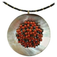 Loffredo Mother-of-Pearl Coral Onyx Bead Yellow Gold Pendant Necklace