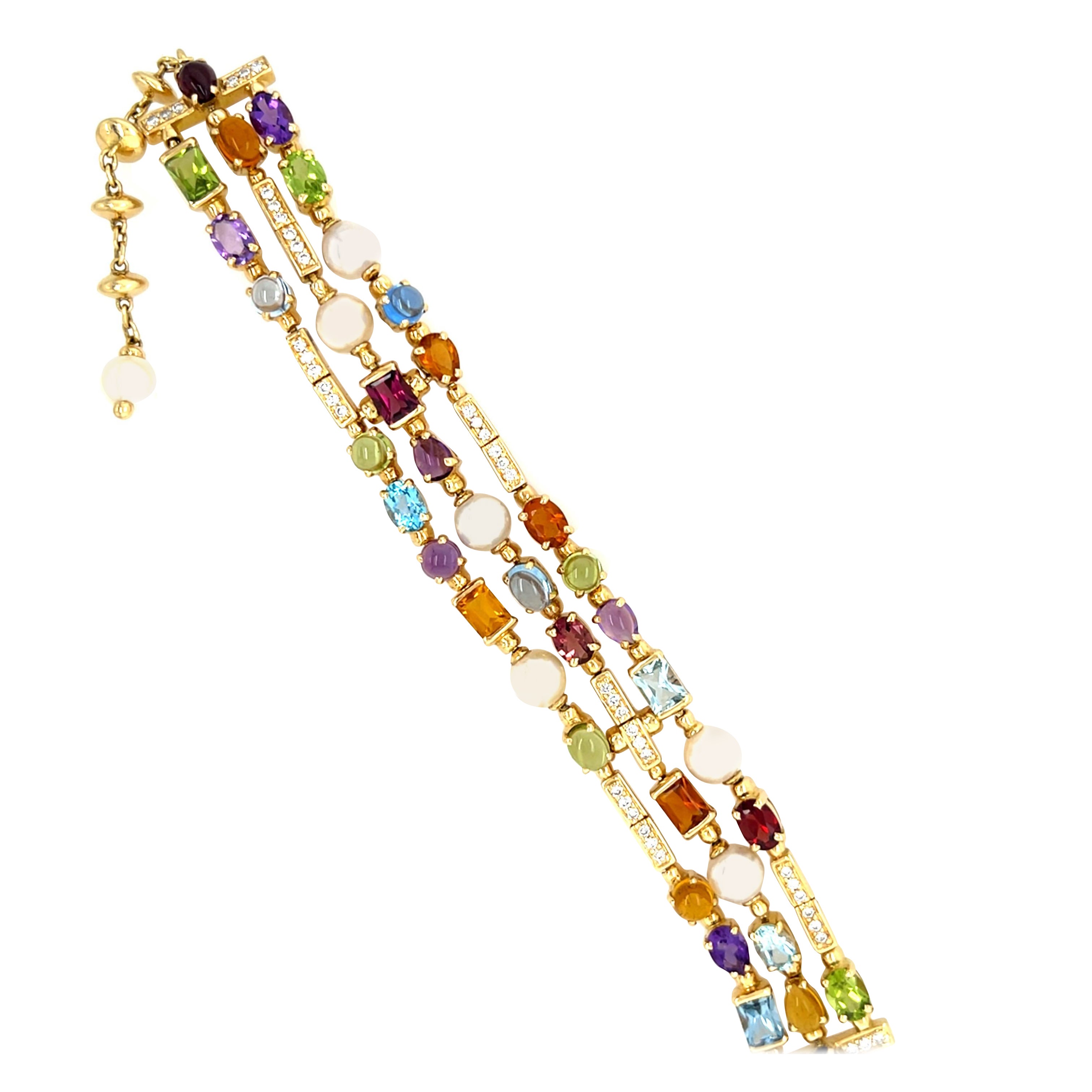 Modern Gold Natural Diamond and Multi Color Cabochon Gem Three Strand Bracelet